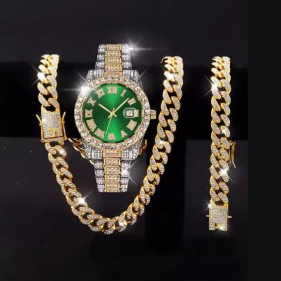 Other - 3PCS luxury alloy full diamond rhinestone men's quartz watch Cuban Set